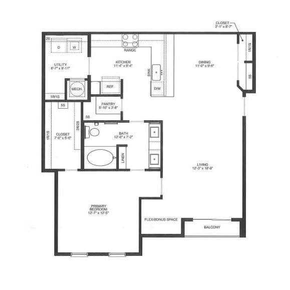1 Bedroom floorplan - Clear Creek Springdale Apartments