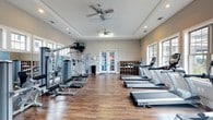 This fitness center offers a thoughtfully designed workout space that balances functionality with a clean, polished aesthetic. The room features rich hardwood flooring throughout, providing a warm and durable surface suited for a variety of exercises. A tray ceiling with dual ceiling fans adds architectural character while ensuring effective air circulation across the space.

Natural light flows in through multiple windows positioned along the walls, creating a bright and energizing atmosphere. French doors at the far end of the room serve as the main entry point, further enhancing the open, airy feel of the space.

The cardio section is well-appointed with a row of TRUE brand treadmills aligned along one side, offering ample options for aerobic workouts. On the opposite side, a multi-station cable and strength training machine provides a range of resistance exercises. A dedicated storage unit with cubbies is positioned near the rear of the room, offering organized storage for personal items or equipment accessories. Recessed lighting supplements the natural light, ensuring the space remains well-lit during all hours of operation.