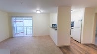 This single-floor unit offers a clean, functional layout designed for comfortable everyday living. The living area is finished with plush wall-to-wall carpeting, creating a warm and inviting atmosphere, while soft neutral wall tones throughout lend the space a bright, airy feel. A sliding glass door floods the living area with natural light and provides direct access to an outdoor space enclosed by a decorative security screen.

Adjacent to the living area, the kitchen is separated by a half-wall pass-through with a dark countertop, offering both visual connection and practical convenience. The kitchen features white cabinetry, hardwood-style flooring, and a range, providing a functional cooking space with a tidy, streamlined appearance. The blue accent wall in the kitchen adds a subtle pop of color that contrasts nicely with the crisp white cabinetry.

Recessed flush-mount ceiling fixtures provide consistent, even lighting throughout the space. The transition between the carpeted living area and the hardwood-style kitchen flooring creates a natural delineation between the two zones. Overall, the unit presents a straightforward, well-maintained interior with a neutral palette that provides a versatile foundation for a variety of furnishing styles.