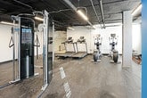This fitness center offers a comprehensive workout environment designed to accommodate a wide range of exercise routines. The space features an industrial aesthetic, with exposed ceiling ductwork and structural concrete columns that lend a raw, urban character throughout. Durable rubber flooring covers the entire area, providing both safety and functionality underfoot.

The cardio zone is equipped with multiple treadmills and elliptical machines, positioned near a window that allows natural light to filter in, creating a welcoming atmosphere for sustained workouts. A mural of a city skyline adorns the nearby wall, adding a distinctive visual element to the space.

The strength training area houses a well-stocked dumbbell rack with a broad range of weights, supported by a cable machine for versatile resistance training. A dedicated functional training section features a bench press, a medicine ball rack stocked with assorted balls in various sizes, stability balls, and a full-length wall mirror that enhances spatial depth and supports form monitoring.

Bright linear LED lighting runs throughout the ceiling, ensuring clear visibility across all workout zones. The color scheme contrasts bold teal accent walls in the functional training area against clean white walls elsewhere, creating distinct zones within the open floor plan. Sanitation stations are conveniently placed to maintain cleanliness throughout the facility.
