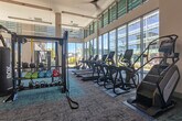 Located at 1240 La Avenida St in Mountain View, CA, this modern fitness center offers a generously proportioned, single-floor layout designed to accommodate a full range of workout activities. The space is defined by dramatically high ceilings that rise to double-height in key areas, creating an open, airy atmosphere throughout the main exercise floor.

The primary workout area is outfitted with an extensive selection of commercial-grade equipment, including treadmills, ellipticals, stair climbers, stationary and spin bikes, cable machines, and a variety of strength-training stations. A dedicated free weights section features a full dumbbell rack alongside benches and a power rack, catering to strength-focused training. A punching bag and functional training equipment further diversify workout options.

Floor-to-ceiling windows along one side of the main floor flood the space with abundant natural light and provide expansive views of the surrounding Mountain View streetscape, enhancing the overall workout environment. A separate studio room with light wood flooring, mirrored walls, and a wall-mounted display offers a versatile space ideal for stretching, yoga, or group fitness activities.

A bold rock-climbing wall mural serves as a striking focal point, adding visual energy to the space. Teal-toned carpet tiles throughout the main floor complement the clean, contemporary aesthetic defined by white walls, recessed lighting, and ceiling fans that ensure a comfortable exercise environment year-round.