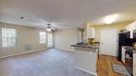 This single-story residence in Savannah, Georgia, offers a functional and well-designed layout across a comfortable footprint. The open-concept living area serves as the heart of the home, featuring neutral-toned carpet, a ceiling fan with integrated lighting, and a textured ceiling. Natural light filters in through a set of double doors at the far end of the living space, enhancing the bright and airy feel of the room. A peninsula with dark granite-style countertops connects the living area to the kitchen, providing a convenient breakfast bar and defining the two spaces without sacrificing openness.

The galley-style kitchen is efficiently designed, offering ample white cabinetry, matching dark countertops, a double-basin stainless steel sink, and black appliances including a refrigerator, electric range, microwave, and dishwasher. Wood-style flooring runs throughout the kitchen, continuing into the entry area and bathroom. The bathroom features a white vanity with a granite-style countertop, a large mirror, wood flooring, and a shower-tub combination. A well-organized shelved closet is accessible from the bathroom. The entry door provides a welcoming transition between the main living area and the outdoors.