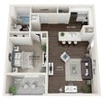 This 630-square-foot, single-story residence in Pinellas Park, Florida offers a practical and modern layout across 2 bedrooms and 1 bathroom. The open-concept living area is bright and airy, featuring wood-look plank flooring, neutral gray walls, and a ceiling fan with light fixture. Large windows with blinds allow ample natural light and outdoor views, while a sliding glass door provides direct access to the exterior. The kitchen is well-appointed with white shaker-style cabinetry, white quartz countertops, a gray subway tile backsplash, stainless steel appliances including a range, over-the-range microwave, and refrigerator, as well as a double-basin sink set into a peninsula. The primary bedroom measures 140 square feet, and both bedrooms feature light-toned flooring and neutral walls. The bathroom includes a white vanity with quartz countertop, a large mirror, and a full shower-tub combination. A dedicated in-unit laundry room houses a full-size side-by-side washer and dryer with built-in wall shelving above. The home's clean, contemporary finishes and efficient floor plan make it a well-organized living space.