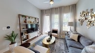 This single-story, one-bedroom, one-bathroom residence at The Madison offers a thoughtfully designed layout with contemporary finishes throughout. The living room is bright and welcoming, featuring tall ceilings, a ceiling fan, and large windows dressed with sheer curtains and blinds that invite abundant natural light. The open layout allows the living area to flow comfortably, with enough space to accommodate multiple seating arrangements.

The kitchen is a standout feature, showcasing crisp white shaker cabinetry with matte black hardware, a gray tile backsplash, and gleaming granite countertops. A generously sized center island provides additional prep and dining space, while stainless steel appliances and sleek pendant lighting complete the modern aesthetic. Light wood-style flooring runs throughout the kitchen and common areas.

The bedroom is a serene retreat with plush carpeting, large windows offering outdoor views, and ample room for a full furniture arrangement. It connects directly to the bathroom, which features a granite-topped vanity with white cabinetry, wood-style flooring, and access to a spacious walk-in closet outfitted with wire shelving systems for organized storage.