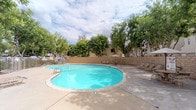 Located at 9585 Gold Coast in San Diego, this outdoor community pool area offers a well-appointed recreational space designed for leisure and relaxation. At its centerpiece sits a generously sized oval swimming pool with clear, blue-green water, lane dividers for lap swimming, and accessible entry via stainless steel handrails. The pool is enclosed by a concrete sundeck that provides ample space for lounge chairs and chaise seating, ideal for sunbathing in the Southern California climate.

The surrounding area is framed by a brick perimeter wall and mature, leafy trees that offer natural shade and a sense of privacy. Multiple umbrella-shaded seating arrangements with tables and chairs are positioned along the deck for casual outdoor dining or socializing. An adjacent covered pavilion features exposed beam ceilings and ornate stone picnic tables with bench seating, creating a comfortable shaded gathering spot. A gated entry provides controlled access to the pool area, while lush landscaping including shrubs and grassy areas adds greenery to the overall environment. The space is thoughtfully organized to accommodate both active recreation and relaxed outdoor enjoyment year-round.