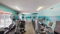 This fitness center is a single-level space designed to accommodate a comprehensive range of workout activities. The interior is immediately distinguished by its two-tone teal color scheme, with lighter and darker horizontal bands running along the walls, lending the room a vibrant, energetic character. A textured ceiling with evenly spaced fluorescent lighting fixtures ensures consistent, bright illumination throughout the space.

The layout is elongated, providing ample floor space to house a diverse selection of equipment without crowding. Cardio machines are well-represented, including treadmills, ellipticals, and stationary bikes positioned to take advantage of the natural light streaming through multiple large windows and sliding glass doors. These openings also offer views of an adjacent outdoor pool area, connecting the interior to the surrounding environment.

The strength training section features a multi-station cable machine, a variety of selectorized resistance machines by Life Fitness and Hammer Strength, a flat bench, and a dumbbell rack with free weights. Rubber flooring with a central carpet runner provides traction and cushioning throughout. A wall-mounted television is installed for entertainment, and a hand sanitizer station and fitness rules signage reflect attention to hygiene and facility management. A secondary exit door provides additional access to the outdoors.
