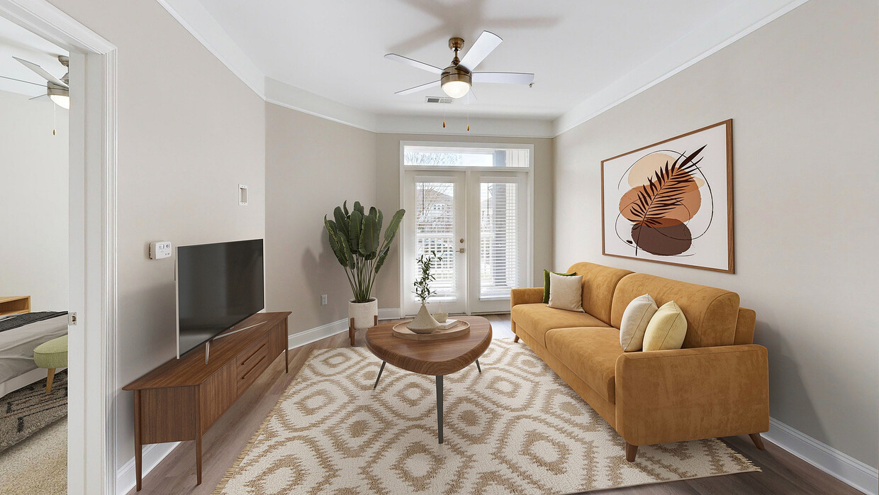 Sala de estar recientemente renovada con balcón privado - Creekstone at RTP Apartments