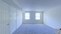 This single-floor space presents a clean, open main room characterized by a calm, neutral aesthetic. The room is finished with wall-to-wall carpet in a soft blue-gray tone, lending a quiet, understated feel underfoot. Smooth white walls and a flat white ceiling contribute to the overall brightness and simplicity of the interior.

Two windows along the far wall allow natural light to filter into the room, creating an airy atmosphere. The windows appear to face a lush, tree-lined exterior, offering a pleasant natural backdrop. The room features two separate doorways — one on the left wall and one on the right — providing distinct points of access or passage within the space.

Subtle architectural details include white painted door frames, visible HVAC vents integrated into the ceiling and walls, and clean white baseboards that run along the perimeter of the room. The overall layout is open and unobstructed, offering flexibility in how the space can be arranged or utilized. The combination of soft carpeting, ample natural light, and a muted color palette gives the room a calm, neutral ambiance well-suited to a variety of uses.