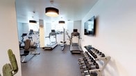 This single-floor fitness center offers a thoughtfully designed workout space that balances functionality with a clean, modern aesthetic. The room features crisp white walls and dark rubber flooring, creating a professional gym atmosphere that is both practical and visually sharp.

The cardio area is well-appointed with multiple treadmills and additional cardio machines, including what appears to be an elliptical, providing ample options for aerobic training. A wall-mounted flat-screen television is positioned for easy viewing during workouts, adding an element of entertainment to exercise sessions.

A generously stocked dumbbell rack lines one wall, offering a wide range of free weights to accommodate various strength training needs. The equipment is neatly organized, contributing to an efficient and clutter-free environment.

Natural light filters in through windows along one wall, brightening the space and creating an inviting atmosphere. Overhead, large cylindrical pendant light fixtures provide focused illumination throughout the room. Decorative touches, including a small indoor plant, add a subtle warmth to the otherwise utilitarian space. Overall, this fitness center is a comprehensive and well-maintained facility suited for a full range of workout routines.