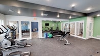 This fitness center offers a comprehensive workout environment spread across a single level, designed to accommodate a variety of exercise routines. The space is divided into distinct zones visible through open doorways and glass-paneled doors, allowing for an open yet organized feel throughout.

The main workout area features durable carpet flooring and is equipped with a weight bench, a full dumbbell rack, stability balls, medicine balls, and resistance training accessories. Cardio equipment, including treadmills, is housed in a mirrored secondary room with green accent walls, which visually expands the space and helps exercisers monitor their form. A wall-mounted television is positioned in this area for entertainment during workouts.

A separate room with navy blue accent walls and wood-style flooring appears to serve as a stretching or yoga area, offering a quieter space for low-impact exercise. Recessed lighting throughout provides consistent, functional illumination across all zones. The dark ceiling treatment in the main area contrasts with white trim and doorframes, lending the space a modern, polished aesthetic well-suited for an active lifestyle.