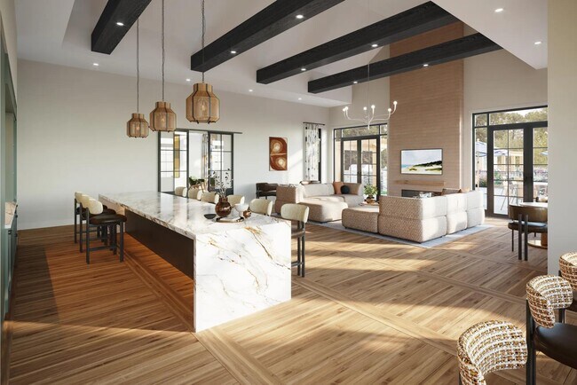 Amplio salón social con espacio para reuniones, cocina de catering, chimenea interior y exterior y asientos tipo lounge cerca de Boston, MA. - Modera South Shore