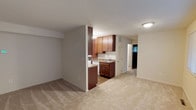 This single-floor space presents a clean, functional layout that blends living and kitchen areas in an open-concept design. The living area is finished with wall-to-wall neutral-toned carpeting, creating a warm and comfortable atmosphere throughout. A half-wall partition subtly defines the transition between the living space and the kitchen, maintaining an open and airy feel while providing a sense of structure.

The kitchen is equipped with rich medium-toned wood cabinetry, both upper and lower, offering ample storage space. A double-basin sink is set beneath the upper cabinets, complemented by a light-toned countertop that runs along the workspace. A white appliance suite adds a classic, clean aesthetic to the cooking area, and the kitchen floor transitions to hard-surface flooring for easy maintenance.

A hallway visible from the main living area leads to additional rooms, suggesting a practical and well-organized floor plan. A closet with bi-fold doors is accessible along the hallway, providing convenient storage. The overall color palette is neutral and understated, with light gray walls and white ceilings contributing to a bright interior. Flush-mount ceiling lighting provides consistent illumination throughout the space, making it feel welcoming and well-lit.