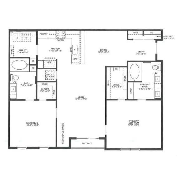 2 Bedroom floorplan - Clear Creek Springdale Apartments