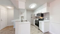 Located in Phoenix, AZ, this thoughtfully designed one-bedroom, one-bathroom home offers a bright and modern living experience across a single floor. The open-concept living room immediately impresses with dramatic vaulted ceilings that amplify the sense of space, light gray wood-look flooring, and a classic tile-surround fireplace. Sliding glass doors flood the room with natural light and provide direct access to an outdoor patio with pleasant views of the surrounding greenery.

The kitchen is efficiently laid out with white shaker cabinetry, stone-look countertops, a gray subway tile backsplash, and a full suite of stainless steel appliances including a refrigerator, electric range, and over-the-range microwave. A peninsula with an integrated sink adds both prep space and a casual dining option.

The carpeted bedroom is comfortably sized, featuring a ceiling fan, a large window for natural light, and direct access to a walk-in closet outfitted with multi-level shelving and hanging rods for generous storage.

The full bathroom is clean and modern, with a white vanity topped with stone-look counters, brushed gold fixtures, and a tiled tub-shower combination. Wood-look flooring ties the bathroom seamlessly to the rest of the home's aesthetic.
