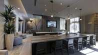 This single-floor space showcases a sleek, contemporary design with an open-plan layout that seamlessly blends a kitchen and bar area with a comfortable lounge. The centerpiece of the space is a large wooden bar island with dark cabinetry, complemented by a built-in sink, stainless steel appliances, and a wall-mounted flat-screen TV framed by striking artistic wall panels featuring minimalist tree branch motifs on grey tile. Overhead, geometric wire pendant lights with Edison-style bulbs add a sophisticated industrial touch, while recessed ceiling lighting ensures a well-lit environment throughout. The lounge area, visible to the side, features plush seating arrangements set on a patterned area rug, creating a relaxed and inviting atmosphere. Floor-to-ceiling windows allow abundant natural light to flood the space, offering views of the exterior surroundings and enhancing the airy ambiance. The overall aesthetic is defined by a refined neutral palette of greys, charcoals, and warm wood tones, unified by high-end finishes and thoughtful design details that make this a highly functional yet visually impressive shared environment.