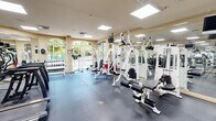 Located at 6001 SW 70th St in South Miami, FL, this fitness center offers a well-appointed, single-floor workout facility designed to support a comprehensive exercise routine. The space is thoughtfully laid out across its compact footprint, maximizing functionality without sacrificing comfort or openness.

The room features a durable rubber flooring surface ideal for high-traffic fitness use, and the warm beige walls are accented by large, arched windows along one side that flood the space with natural light and provide views of lush tropical greenery and an adjacent pool area. Ceiling-mounted recessed panel lighting ensures bright, even illumination throughout.

The equipment selection is extensive for the space's size. Cardiovascular machines include multiple treadmills and a stationary recumbent bike, while a dedicated row of free weights and a dumbbell rack caters to strength training needs. Several multi-use cable and resistance machines — including HOIST and Cybex branded units — line the room, enabling a wide range of strength and conditioning exercises. Wall-mounted mirrors on multiple sides visually expand the space and assist with form during workouts. Ceiling-mounted televisions are positioned for easy viewing from various equipment stations.

Entry is provided through elegant glass-panel double doors, and posted fitness rules signage reflects a well-managed, community-oriented facility. Overall, the space delivers a clean, bright, and fully functional fitness environment.