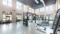 This expansive fitness center is designed to accommodate a wide range of training modalities within a single, open-plan layout. The main workout floor is defined by dramatically high ceilings with exposed ductwork and industrial-style pendant lighting, creating an energizing atmosphere. Large, grid-paned windows line the perimeter walls, flooding the space with natural light and offering outdoor views of surrounding greenery and palm trees.

The primary training area features polished concrete flooring and houses a full complement of cardio equipment, including treadmills and elliptical machines positioned along the windowed walls. A dedicated functional training zone contains a multi-station rig equipped with a pull-up bar, battle ropes, and a heavy punching bag, alongside a rack of color-coded kettlebells and medicine balls. Free weight stations, adjustable benches, and selectorized strength machines are distributed throughout the floor.

A secondary area transitions to warm hardwood flooring beneath a wood-paneled ceiling with pendant lights, providing a more intimate setting for strength training and stretching. An adjacent entry zone features a striking motivational word-art mural as a focal point, accompanied by plyo boxes, a stationary bike, and additional storage cubbies. Full-length mirrors throughout enhance the sense of space and support proper form during workouts.