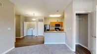 This single-floor, 2-bedroom, 1-bathroom residence offers a practical and comfortable layout with thoughtful design throughout. The combined kitchen and living area forms the heart of the home, where warm-toned wood cabinetry, granite-style countertops, and black appliances—including a refrigerator, range, and microwave—define the kitchen. A peninsula with a built-in sink and pendant lighting above creates a natural divide between the kitchen and the open living space, which features durable hardwood-style flooring. A dedicated in-unit laundry area is conveniently situated nearby.

The primary bedroom is a generously sized retreat with plush carpeting, a ceiling fan with light fixture, and sliding glass doors that open to a private deck with outdoor views. The second bedroom also features soft carpeting and a window that brings in natural light. Both rooms are finished in neutral tones, offering a clean and versatile backdrop.

A spacious walk-in closet with wire shelving provides ample storage. The bathroom includes a warm-wood vanity with a white countertop, a large mirror, tile flooring, and a well-lit overhead fixture. Throughout the unit, neutral wall colors, white trim, and consistent flooring choices create a cohesive and inviting atmosphere.