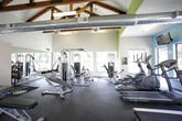 This fitness center is designed to support a comprehensive workout experience within a spacious, single-floor layout. The facility is immediately distinguished by its dramatic vaulted ceilings with exposed wooden beams and industrial-style ductwork, lending the space a modern, open-warehouse aesthetic. Vibrant accent walls in teal and green add energy and visual interest throughout.

Large windows line multiple walls, flooding the interior with abundant natural light and offering views of lush outdoor greenery. The durable rubber flooring throughout provides both safety and comfort underfoot.

The cardio zone is well-appointed with multiple treadmills, an elliptical trainer, and a dedicated spinning bike, each positioned near windows to allow exercisers to enjoy the outdoor views. A wall-mounted television ensures entertainment during cardio sessions.

The strength training area features a robust selection of cable and resistance machines, including cable crossover stations, leg press, and seated row equipment. A full dumbbell rack stocked with a wide range of free weights is complemented by adjustable workout benches. Floor-to-ceiling mirrors along one wall enhance the sense of space while allowing users to monitor their form.

A water station with refillable jugs ensures hydration is readily available. Ceiling fans and natural ventilation contribute to a comfortable workout environment throughout.