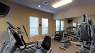 This single-level fitness room offers a practical and functional workout environment designed to accommodate a variety of exercise routines. The space is finished with warm beige walls and neutral carpeted flooring, creating a clean and inviting atmosphere. Multiple windows dressed with white horizontal blinds line the walls, allowing generous amounts of natural light to fill the room while maintaining privacy.

The layout is thoughtfully organized to maximize usable floor space. Cardio equipment, including a recumbent bike and additional machines, is positioned along one side of the room, providing dedicated areas for low-impact aerobic exercise. A multi-tiered dumbbell rack stocked with a full range of free weights sits prominently in the space, accompanied by a weight bench for strength training exercises. A treadmill is also present, offering additional cardio options.

A large wall-length mirror runs along one side of the room, enhancing the sense of openness while allowing users to monitor their form during workouts. A mounted flat-screen television adds convenience for entertainment during exercise sessions. Recessed lighting and a ceiling-mounted fluorescent fixture supplement the natural light, ensuring the room remains well-lit at all times.