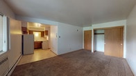 This single-floor unit is thoughtfully laid out to maximize functionality across its living spaces. The main living area is generously proportioned, featuring neutral-toned carpet underfoot and smooth white walls that create a clean, open atmosphere. A pair of windows along one wall allows natural light to filter in, offering views of surrounding greenery while an in-wall air conditioning unit and baseboard heating ensure year-round comfort. The transition between the carpeted living space and the tiled kitchen area is clearly defined, providing a practical separation of zones.

The kitchen is compact yet well-equipped, featuring warm wood cabinetry in a traditional style with ample upper and lower storage. A white gas range, refrigerator, and sink are positioned in an efficient L-shaped layout atop light-toned tile flooring. An overhead range hood provides ventilation, and additional shelving is accessible nearby.

The bathroom offers a wide vanity countertop with an undermount sink, wood-toned cabinetry below, and a large mirrored medicine cabinet above illuminated by a row of vanity lights. The tile flooring ties the space together neatly. Closet space is readily available, with a dedicated closet visible from the main living area, providing practical everyday storage.