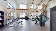 This fitness center is a comprehensive amenity space spread across three floors, with the primary exercise areas occupying the main level. The facility is architecturally distinguished by soaring vaulted ceilings with exposed wooden beam trusses, generous wall-to-wall windows, and durable rubber flooring throughout — all contributing to a bright, open, and energizing workout environment.

The main exercise floor is generously sized and houses a robust selection of True-brand cardio equipment, including multiple treadmills, stair climbers, and upright cycles, as well as a rowing machine for full-body conditioning. A dedicated strength training zone features a multi-station cable machine, a dumbbell rack, and various free weight accessories. Wall-mounted televisions are positioned throughout for entertainment during workouts. A smaller, secondary exercise area on an upper level provides additional space for focused training. Towel service and storage cubbies are available near the entrance for added convenience.

Beyond the fitness center, the surrounding outdoor amenity areas are equally impressive. A resort-style swimming pool with an expansive sun deck, lounge chairs, and shaded seating areas serves as a central outdoor gathering space. Landscaped courtyards with mature trees, concrete pathways, and outdoor dining furniture provide attractive, well-maintained common areas. The building exterior blends brick, glass, and modern panel finishes, creating a contemporary yet welcoming community environment.