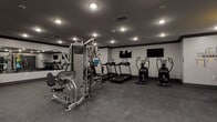 Located at 8 Tice Rd in Franklin Lakes, NJ, this fitness center is a comprehensive, single-floor facility designed to support a wide range of workout routines. The space is finished in a sleek, modern aesthetic with dark trim accents, light grey walls, and durable rubber flooring throughout, creating a professional and focused training environment.

The main workout area is generously proportioned and features a multi-station cable machine, a row of treadmills equipped with individual screens, elliptical cross-trainers, and a Peloton-style stationary bike — all positioned beneath recessed ceiling lighting and wall-mounted flat-screen televisions. A dedicated free weights section offers a full dumbbell rack alongside benches and a weight storage station, all reflected in large floor-to-ceiling mirrors that enhance the sense of space.

A separate functional training zone provides open floor space for stretching and flexibility work, stocked with a variety of stability balls, resistance equipment, and additional mirrors. Motivational phrases, including "Your Only Limit Is You" and "Fight Workout," are displayed on the walls, reinforcing the energetic atmosphere. The facility is well-ventilated with ceiling-integrated HVAC and is accessible through glass-panel doors, offering a clean, organized layout suitable for users of all fitness levels.