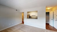 Located at 1105 NC-54 Hwy Bypass in Chapel Hill, NC, this single-floor unit offers a clean, functional layout designed for comfortable everyday living. The main living area is generously sized, featuring neutral-toned carpet, crisp white walls, and a wide window fitted with horizontal blinds that invites natural light and outdoor views of the surrounding greenery. A pass-through window connects the living space directly to the kitchen, creating an open, airy feel while maintaining a defined separation between the two areas. The kitchen is well-appointed with white cabinetry, dark countertops, a double-basin stainless steel sink, and stainless steel appliances including an electric range and over-the-range microwave. Rich hardwood flooring anchors the kitchen and flows into the adjoining areas. The bedroom is a comfortable, carpeted space with a ceiling fan, a window overlooking lush outdoor foliage, and ample room for furnishings. The full bathroom is bright and well-lit, featuring a white vanity with chrome fixtures, a tub-shower combo, and a window that frames views of mature trees. Throughout the unit, consistent neutral tones and clean finishes contribute to a cohesive, move-in-ready atmosphere.
