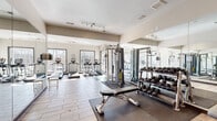 Located at 3209 Westbury Lake Dr in Charlotte, NC, this fitness center offers a well-appointed exercise space designed to support a comprehensive workout routine. The room features wood-look tile flooring throughout, lending a clean and contemporary aesthetic, while track lighting overhead ensures the space is well-lit at all times.

Large windows along one wall flood the interior with abundant natural light and provide views of the surrounding community, creating an energizing atmosphere for workouts. Full-length mirrors line an adjacent wall, enhancing the sense of openness and allowing users to monitor their form during exercise.

The cardio section is equipped with treadmills, elliptical machines, and stationary bikes, all positioned to take advantage of the natural light and outdoor views. The strength training area features a multi-station cable machine, a weight bench with an adjustable incline, and a well-stocked dumbbell rack with a wide range of weights organized on a tiered stand. Rubber floor mats are placed strategically beneath equipment to protect the flooring and provide stability during use.

The space maintains a neutral color palette of warm whites and light grays, contributing to a bright and motivating environment. Dual entry doors and clearly marked emergency exits ensure safe and convenient access throughout.