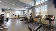 This fitness center is a thoughtfully designed workout space that offers a comprehensive range of exercise equipment and amenities to support a well-rounded fitness routine. The room is finished with durable rubber flooring throughout, providing a practical and safe surface for all types of training activities.

Natural light floods the space through multiple large windows fitted with white horizontal blinds, including a row of transom windows positioned near the ceiling that enhance the room's airy, open feel. Recessed ceiling lighting supplements the natural light, ensuring the space is well-illuminated at all hours.

The cardio section features multiple treadmills and elliptical trainers, including Star Trac branded equipment, while the strength training area is equipped with a multi-station cable machine and adjustable benches. Stability balls and free weights are also available, catering to functional and flexibility training. A large wall mirror runs along one side of the room, visually expanding the space and allowing users to monitor their form during workouts.

A motivational wall graphic reads, "The Pain You Feel Today Will Be The Strength You Feel Tomorrow," adding an inspiring energy to the environment. Glass sliding doors and French-style doors connect the fitness center to an adjacent room, promoting an open, integrated layout ideal for a community amenity space.