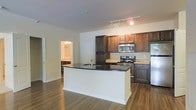 This single-floor space is designed with an open and functional layout that seamlessly connects the kitchen and living areas. The kitchen serves as the centerpiece of the home, anchored by a generous island with a sleek dark granite countertop and an undermount sink, offering ample prep space and a natural gathering point. Rich, dark wood cabinetry lines the walls, providing abundant storage while adding warmth and depth to the space. Stainless steel appliances, including a range with an electric cooktop, built-in microwave, and a full-size refrigerator, lend a modern, polished feel. Track lighting mounted on the ceiling illuminates the kitchen with a clean, contemporary touch. The warm-toned hardwood flooring flows continuously throughout the open area, adding a sense of cohesion and elegance. A doorway visible from the main living area leads to a bathroom, hinting at a well-connected and thoughtfully arranged floor plan. Neutral wall tones throughout the space create a bright, airy ambiance that complements the darker cabinetry and countertops, striking a pleasing visual balance. The overall design is both practical and inviting, suited for everyday living and entertaining alike.