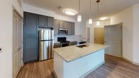 Located at 801 Watkins View Dr in Midlothian, Virginia, this single-floor residence offers a thoughtfully designed open-concept layout with modern finishes throughout. The living area is generously proportioned, featuring warm wood-look flooring, crisp white walls, and a ceiling fan with a brushed gold finish that adds a contemporary touch. Natural light flows in through multiple windows dressed with classic horizontal blinds.

The kitchen is a standout feature, centered around a large island with a granite countertop and an undermount sink, illuminated by stylish pendant lighting. Dark gray cabinetry with brushed hardware lines the walls, complemented by a white subway tile backsplash and stainless steel appliances, including a refrigerator, microwave, and range. Ample cabinet storage and counter space make this kitchen as functional as it is attractive.

The bedroom offers a comfortable, carpeted retreat with two large windows that bring in plenty of natural light. The bathroom is well-appointed with a dual-sink vanity topped with granite counters, dark gray cabinetry matching the kitchen, wood-look flooring, a soaking tub, and a separate shower area. A double-door closet provides generous storage nearby. Throughout the residence, consistent design choices in materials and finishes create a cohesive, modern aesthetic.