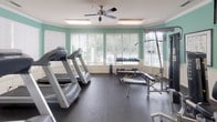 Located at 8905 Poppy Hills Ln in Charlotte, NC, this well-appointed fitness center offers a comprehensive workout environment designed for both cardio and strength training. The single-floor space is finished with soft mint-green walls accented by classic white wainscoting and crown molding, creating a clean and welcoming atmosphere. Durable rubber flooring covers the entire area, providing a safe and functional surface throughout. Large windows fitted with white horizontal blinds line the walls, allowing generous natural light to fill the room while offering views of the surrounding greenery. Ceiling fans ensure comfortable air circulation during workouts. The cardio section features multiple treadmills positioned to take advantage of the natural light, while the strength training area is equipped with a multi-station cable machine, a Magnum weight system, a free-weight bench, and a rack of dumbbells in varying sizes. Full-length mirrors are mounted along one wall, expanding the visual space and allowing users to monitor their form. A wall-mounted television provides entertainment, and framed exercise reference charts are displayed for guidance. The space is well-lit with recessed and flush-mount lighting fixtures, and direct exterior access is provided through glass-panel doors, offering easy entry and exit.