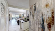 Located in Palm Beach Gardens, FL, this one-bedroom, one-bathroom residence offers a thoughtfully designed single-floor layout that maximizes comfort and functionality. The open-concept living and dining area is anchored by large-format white tile flooring, crown molding, and a textured ceiling, creating a bright and cohesive atmosphere. Sliding glass doors lead to a screened outdoor patio, allowing natural light to fill the main living space while providing a seamless connection to the outdoors. The living room offers generous proportions, ideal for relaxed entertaining. Adjacent to it, the dining area features a pendant light fixture and direct sightlines into the kitchen through a pass-through opening. The kitchen is well-equipped with white cabinetry, dark granite countertops, a mosaic tile backsplash, and a full suite of stainless steel appliances. The bedroom is a comfortable retreat with plush carpeting, windows overlooking greenery, and a dedicated closet. The bathroom includes a tiled tub-shower combination, a white vanity with dark countertop, and a well-lit mirror. Throughout the space, neutral tones and clean finishes contribute to a calm, polished ambiance.