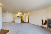 Located at 320 Cascade Pl in Burlington, WA, this well-appointed one-bedroom, one-bathroom unit offers a thoughtfully designed single-floor layout. The open-concept living and kitchen area forms the heart of the home, where soft carpet in the living space transitions to wood-style flooring in the kitchen. The kitchen is equipped with stainless steel appliances — including a refrigerator, range, and microwave — complemented by cream-toned cabinetry and a peninsula counter that provides both prep space and a casual dining area. The living room is highlighted by a tiled corner fireplace and a sliding glass door that opens to a private balcony, filling the space with natural light and outdoor views. The bedroom is a comfortable, carpeted retreat featuring a large window with views of surrounding greenery and a dedicated closet with a hanging rod for ample storage. A hallway connects the main living areas to the bathroom, which includes a full tub/shower combination, a vanity with light cabinetry, and wood-style flooring. The entry hallway provides a welcoming transition into the unit. Warm, neutral tones throughout create a cohesive and inviting ambiance.