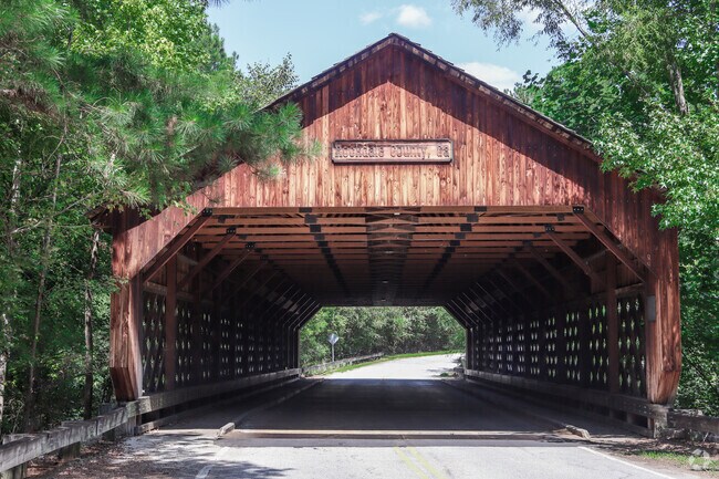 Haralson Mill Covered Bridge in Outlying Rockdale County was built in 1997 and open 24/7.