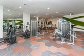 Located at 2645 E College Ave in Decatur, Georgia, this contemporary fitness center offers a well-appointed, single-floor exercise facility designed to support a comprehensive workout experience. The space is thoughtfully laid out across a generous open floor plan, accommodating both strength training and cardiovascular equipment with ample room to move between stations.

The strength training area features a robust selection of Precor cable machines, multi-functional weight systems, and tiered dumbbell racks ranging across various weights. A standout design element is the striking accent wall adorned with artificial turf in an intersecting ribbon pattern, adding a bold, nature-inspired visual focal point to the space. Full-length mirrors line the walls, amplifying the sense of space and allowing users to monitor their form during workouts.

The cardio zone benefits from an abundance of natural light, with floor-to-ceiling windows offering views of the surrounding outdoor areas, including what appears to be a pool deck. Treadmills equipped with individual screens and elliptical machines are positioned to take full advantage of these views, creating an energizing workout environment.

Throughout the space, the flooring features a distinctive hexagonal and striped patterned carpet in warm earth tones with gold accents, complementing the modern aesthetic. Recessed lighting ensures consistent, bright illumination across the entire facility.