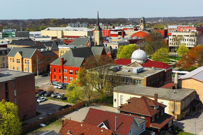 An aerial view of Downtown Brantford.