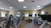 This single-floor fitness center offers a practical and well-organized workout environment suited for a range of exercise routines. The space is outfitted with a selection of strength training equipment, including a multi-station cable machine and an adjustable weight bench, alongside cardio machines such as an elliptical trainer and a stationary bike. The layout is thoughtfully arranged to allow comfortable movement between stations. A large floor-to-ceiling mirror spans one wall, visually expanding the space and allowing users to monitor their form during exercise. The room is finished with neutral olive-toned walls and carpeted flooring, contributing to a clean and understated aesthetic. Recessed panel lighting in the ceiling provides consistent, even illumination throughout. Multiple windows along the exterior wall invite natural light into the space and offer views of the surrounding greenery, creating an airy and pleasant atmosphere for workouts. The overall design is functional and accessible, making it a convenient facility for daily fitness use.