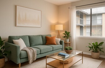 Open-concept living room with wood-style floors and natural light - evRia Terraces