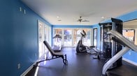 This dedicated fitness space is designed to provide a functional and energizing workout environment. The room is finished with bold blue walls that create a vibrant, motivating atmosphere, complemented by a clean white ceiling fitted with recessed lighting and a ceiling fan for comfortable air circulation during exercise sessions.

Large windows and glass-paneled doors line one wall, flooding the space with abundant natural light and offering views of an outdoor covered structure and surrounding greenery. This seamless connection to the outdoors enhances the open, airy feel of the room.

The fitness area is equipped with a range of exercise equipment, including a treadmill, an elliptical trainer, a cable machine, and an adjustable weight bench, providing a well-rounded setup for both cardio and strength training. The floor is finished with durable dark rubber gym flooring, ideal for high-impact workouts and equipment placement.

Overall, the space strikes a balance between practicality and comfort, offering a bright, purpose-built environment suitable for a full range of fitness activities.