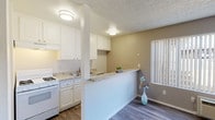 This single-story unit offers a clean, functional layout designed to maximize usable space. The open-concept living area is finished with durable wood-look plank flooring in a cool gray tone, which extends throughout the unit for a cohesive aesthetic. A textured ceiling adds visual depth, while a large window fitted with vertical blinds allows natural light to fill the room. A wall-mounted HVAC unit provides climate control.

The kitchen is positioned along one side and separated from the living area by a half-wall peninsula, which serves as both a workspace and a casual dining counter. White shaker-style cabinetry lines the walls from countertop to ceiling, offering generous storage. The countertops feature a granite-look surface, and the kitchen is equipped with a white gas range. Flush-mount ceiling lights illuminate both the kitchen and the adjoining dining space.

The bathroom is well-appointed with a long vanity topped with matching granite-style countertops, white cabinetry with brushed nickel hardware, a wide mirror, and wood-look flooring. An adjacent doorway leads to a walk-in closet, providing practical storage. The unit's overall palette of white, warm taupe, and gray creates a neutral, move-in-ready environment.