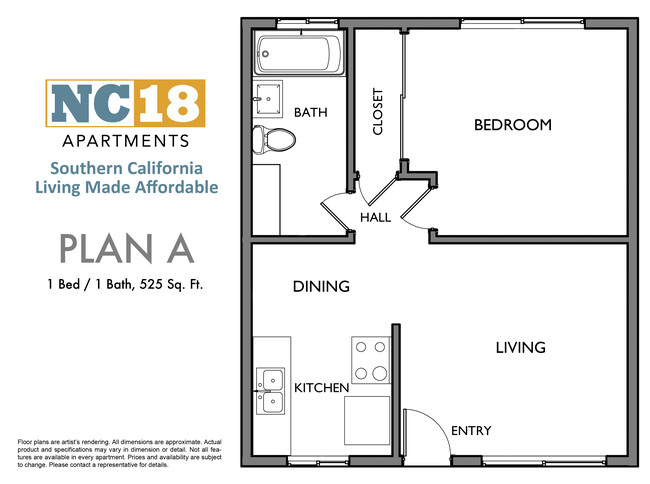 Plan A Floor Plan, 1 Bed / 1 Bath, Available 5/15 - NC18 Apartments