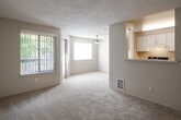 This single-floor residence offers a practical and comfortable layout with a neutral, move-in-ready aesthetic throughout. The living area is generously sized, featuring plush wall-to-wall carpeting, a textured ceiling, and multiple windows — including a sliding glass door — that invite an abundance of natural light and provide views of the surrounding greenery. The open feel of the space makes it versatile for a variety of furnishing arrangements.

The kitchen is equipped with dark-toned cabinetry paired with light countertops, black appliances including a full-size refrigerator and dishwasher, and wood-look flooring that extends into an adjacent laundry or utility area, adding functional convenience.

The bedrooms continue the warm, carpeted aesthetic and are well-lit by large windows with vertical blinds. One bedroom features a ceiling fan and a private sliding door, offering both comfort and direct outdoor access. A baseboard heating unit in one room ensures year-round climate control.

The bathroom is finished with wood-look flooring, a rich espresso-toned vanity with a clean white countertop, and a full soaking tub with a curved shower rod — all complemented by crisp white surrounds and chrome fixtures. The overall ambiance of the space is clean, bright, and welcoming.