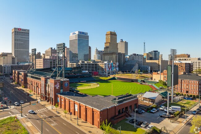 An aerial view of Autozone Park, a Minor League Baseball stadium in Memphis.