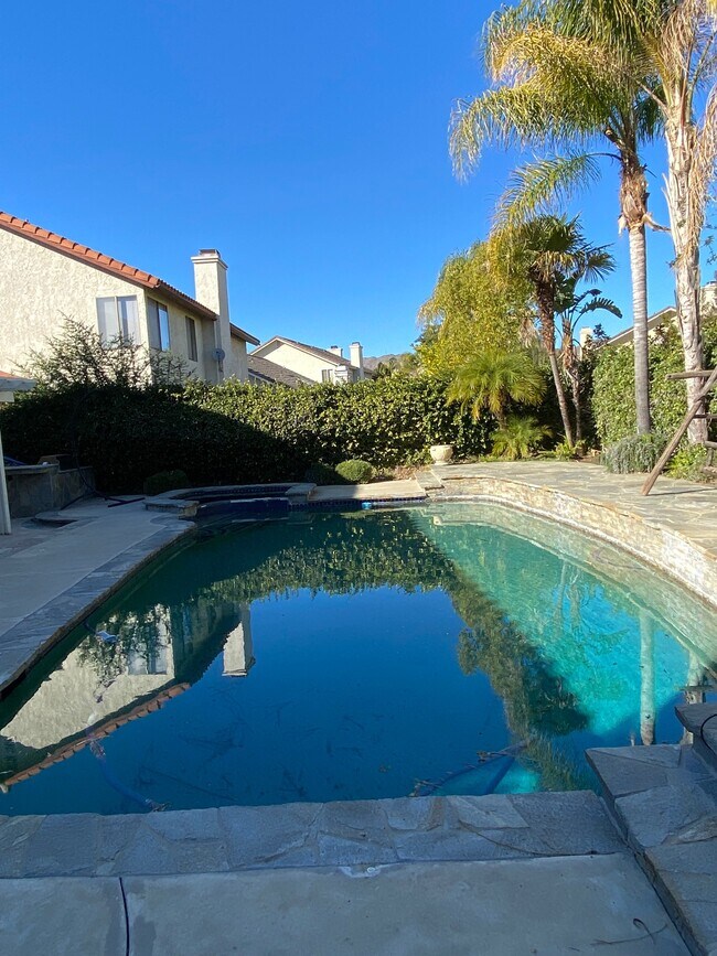 private backyard with mature landscaping, pool, spa, outside bar and sitting area/outdoor dining. - 6044 Shadycreek Dr