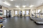 This single-level fitness center is designed to accommodate a full range of workout routines, offering a thoughtfully organized layout that divides cardio and strength training into distinct zones. The space features durable dark rubber flooring throughout, providing both safety and functionality underfoot.

The cardio area is outfitted with multiple treadmills, an elliptical trainer, a stationary bike, and a recumbent machine, all arranged facing a row of windows fitted with white blinds that allow natural light to filter in. Overhead, flush-mounted fluorescent and recessed lighting ensures consistent illumination across the space. A wall-mounted flat-screen television is positioned for easy viewing during workouts.

The strength training zone includes a cable machine system, a multi-station weight machine, and an adjustable workout bench. A dedicated free weights area features a tiered dumbbell rack stocked with a full range of weights, accompanied by an adjustable bench and a medicine ball storage rack. Mirrored wall panels in this section enhance the sense of space and support form monitoring.

The walls are finished in a neutral warm beige tone, contributing to a clean and welcoming atmosphere. The overall layout is practical and well-suited for varied fitness needs.