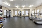 This single-level fitness center is designed to accommodate a full range of workout routines, offering a thoughtfully organized layout that divides cardio and strength training into distinct zones. The space features durable dark rubber flooring throughout, providing both safety and functionality underfoot.

The cardio area is outfitted with multiple treadmills, an elliptical trainer, a stationary bike, and a recumbent machine, all arranged facing a row of windows fitted with white blinds that allow natural light to filter in. Overhead, flush-mounted fluorescent and recessed lighting ensures consistent illumination across the space. A wall-mounted flat-screen television is positioned for easy viewing during workouts.

The strength training zone includes a cable machine system, a multi-station weight machine, and an adjustable workout bench. A dedicated free weights area features a tiered dumbbell rack stocked with a full range of weights, accompanied by an adjustable bench and a medicine ball storage rack. Mirrored wall panels in this section enhance the sense of space and support form monitoring.

The walls are finished in a neutral warm beige tone, contributing to a clean and welcoming atmosphere. The overall layout is practical and well-suited for varied fitness needs.