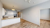 Located at 3101 Euclid Ave in Cleveland's vibrant Midtown corridor, this one-bedroom, one-bathroom residence offers a thoughtfully designed layout with modern finishes throughout. Light wood-tone flooring runs seamlessly across the entire living space, complementing the soft gray walls and creating a clean, contemporary aesthetic.

The open-concept kitchen is a standout feature, showcasing crisp white shaker cabinetry, granite countertops, a peninsula with an integrated sink, and a full suite of black appliances including a range, microwave, dishwasher, and refrigerator. Track and pendant lighting illuminate both the kitchen and the adjoining living area, which offers ample room for a variety of furniture arrangements.

A bright hallway connects the main living areas to the private bedroom, which benefits from a bank of large windows offering city views, a dedicated closet with built-in shelving, and adjustable track lighting. The full bathroom is finished with tile flooring, a granite-topped vanity with warm wood cabinetry, a large mirror, globe lighting, and a tiled walk-in shower. An additional closet provides extra storage off the hallway. The overall layout is efficient, with each room clearly defined and thoughtfully connected for comfortable everyday living.