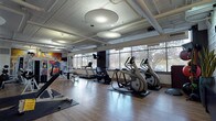 This single-floor fitness center at 5455 N Marginal Rd in Cleveland, Ohio, offers a thoughtfully designed workout environment that balances functionality with aesthetic appeal. The open layout provides generous floor space, with warm hardwood-style flooring running throughout, creating a clean and inviting atmosphere.

The cardio zone is lined along a wall of large windows that flood the space with natural light and offer outdoor views, housing multiple treadmills, elliptical machines, and other aerobic equipment. The strength training area is well-appointed with a cable machine system, a multi-station weight rack, and a dedicated free weights section complete with a full dumbbell rack. Floor-to-ceiling mirrors along one wall visually expand the space and support proper form during workouts.

A functional training corner provides stability balls, medicine balls, and resistance bands neatly organized on dedicated racks, accompanied by a mounted flat-screen television set against a textured, wave-paneled accent wall. The same distinctive wave-panel design is echoed near the entrance, lending a cohesive and modern architectural touch throughout the facility.

Adding a dynamic visual element, bold and colorful murals adorn the rear walls, energizing the space with artistic expression. Exposed industrial ceilings with overhead pipes and large disc pendant lights contribute to the facility's modern, urban character. The overall ambiance is bright, motivating, and professionally curated for a comprehensive fitness experience.
